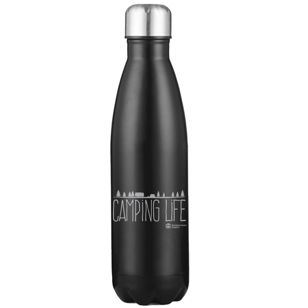 Camping Life 17oz Stainless Steel Water Bottle with UV printed designs, showcasing its durable and stylish features.